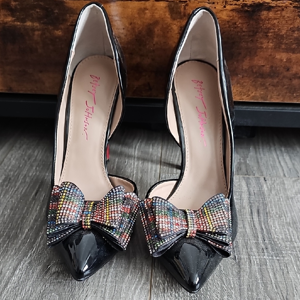 Betsey Johnson Black Heels with Multicolor Bow